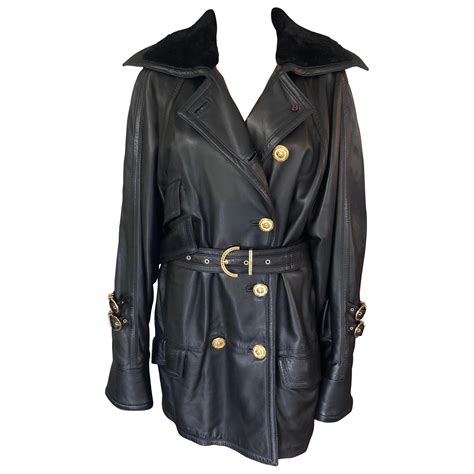 versace oversized belted poncho|Versace black leather jacket.